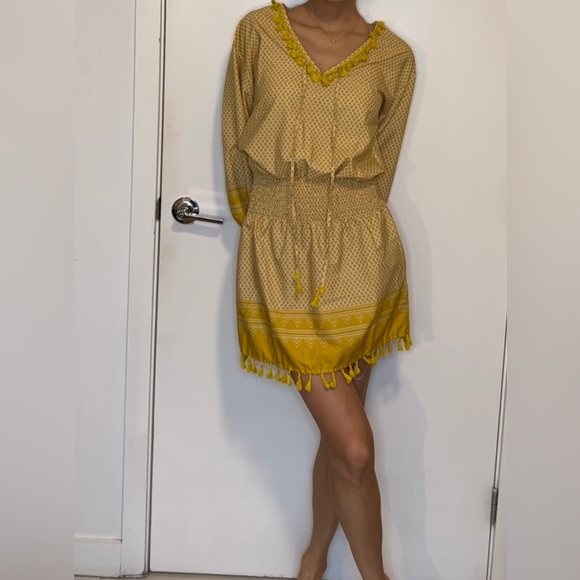 NWT Yellow Mini Cinch Waist Mini Tassel Dress - Picture 3 of 6